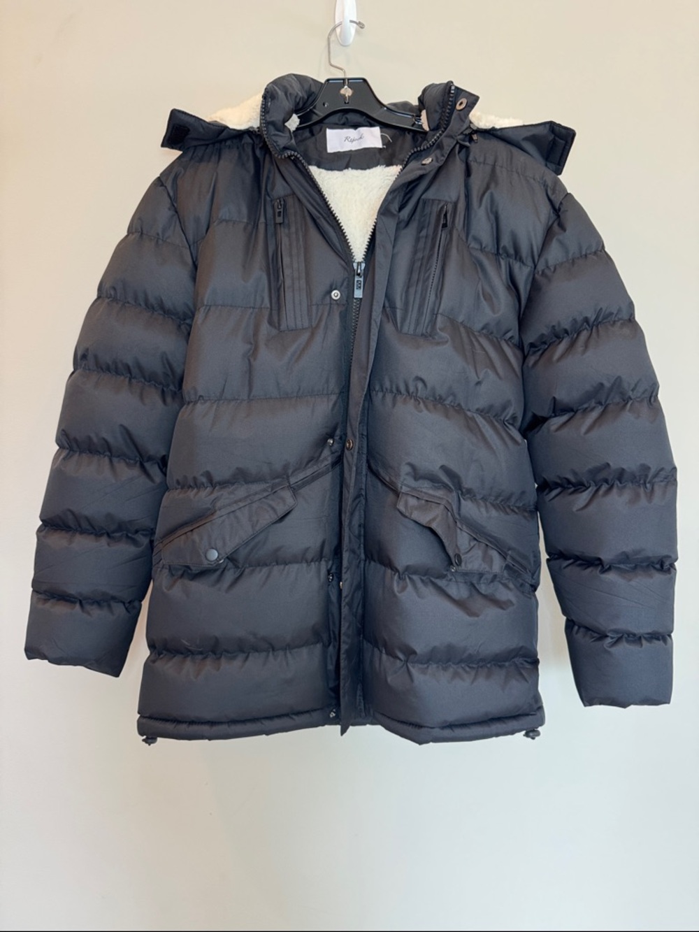 Rejork Men’s Black Puffer Jacket with Faux Fur Trim, Size Large